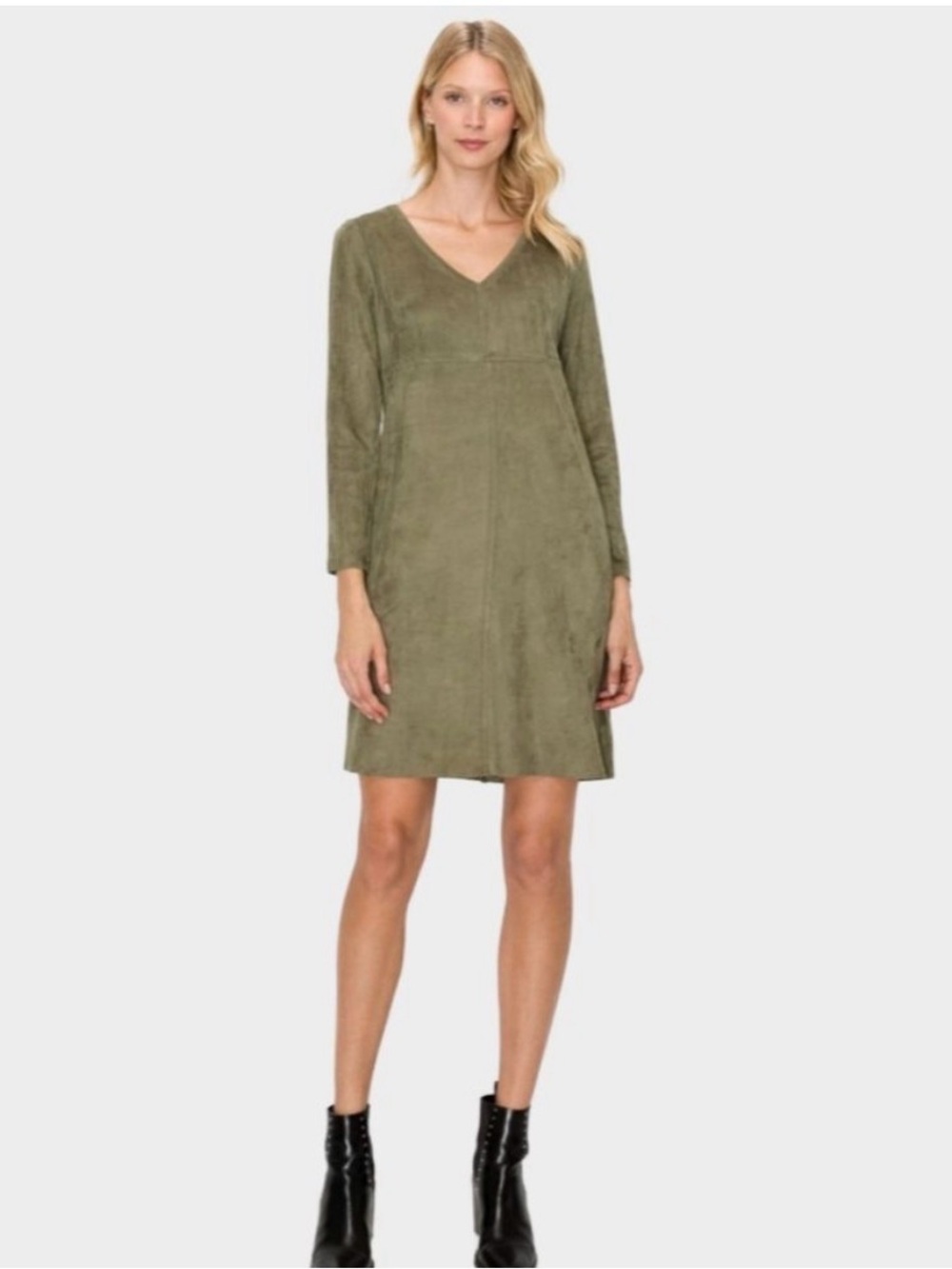 Joh Olive Green V-Neck Suede-like Midi Dress